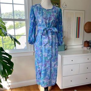 Vintage 70s / 80s Blue Watercolor Floral Dress with Belt Micro Pleated Sleeves